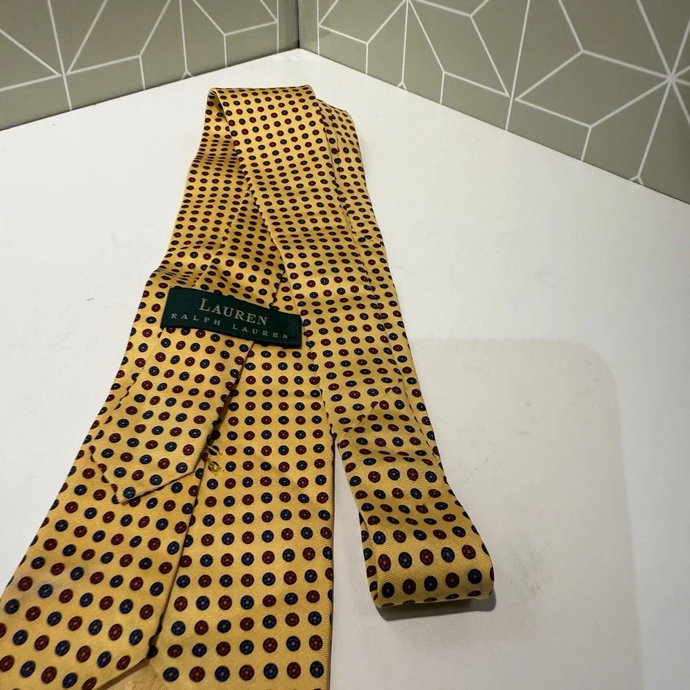 Vintage Polo Ralph Lauren‎ 100% Silk Tie Gold Purple Geometric Hand Made USA